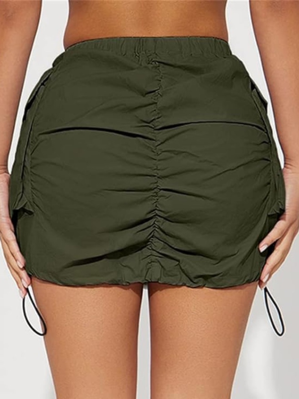 Olive Green Ruched Drawstring Mini Skirt - Picture 3 of 4